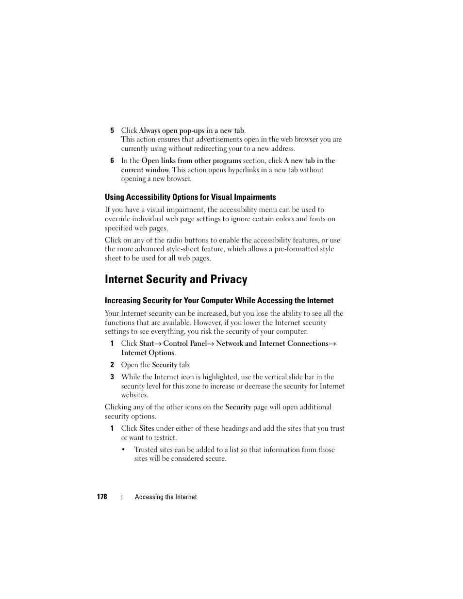 Using accessibility options for visual impairments, Internet security and privacy | Dell Studio 1747 (Late 2009) User Manual | Page 178 / 354