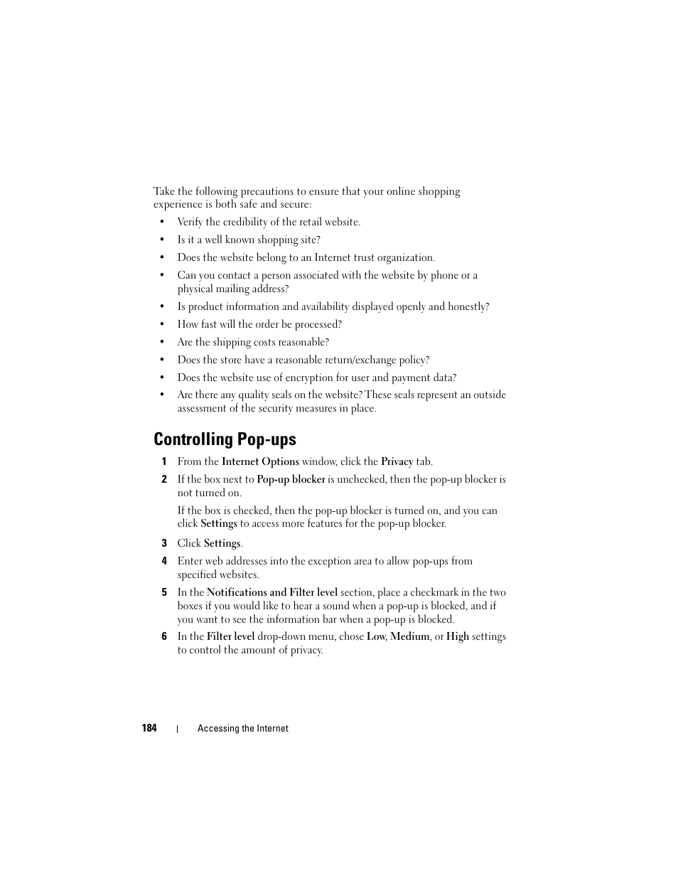 Controlling pop-ups | Dell Studio 1747 (Late 2009) User Manual | Page 184 / 354