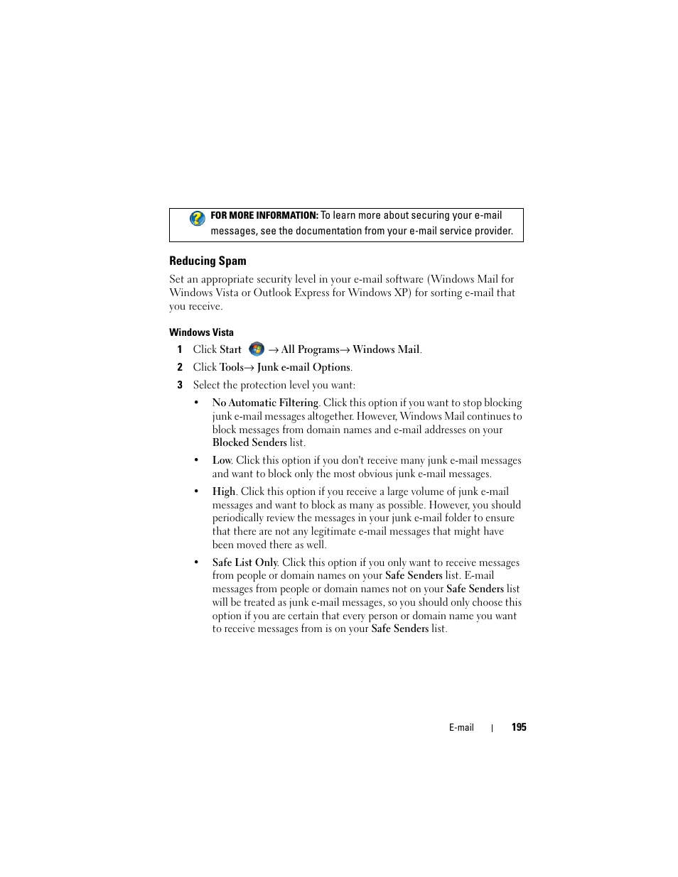Reducing spam | Dell Studio 1747 (Late 2009) User Manual | Page 195 / 354