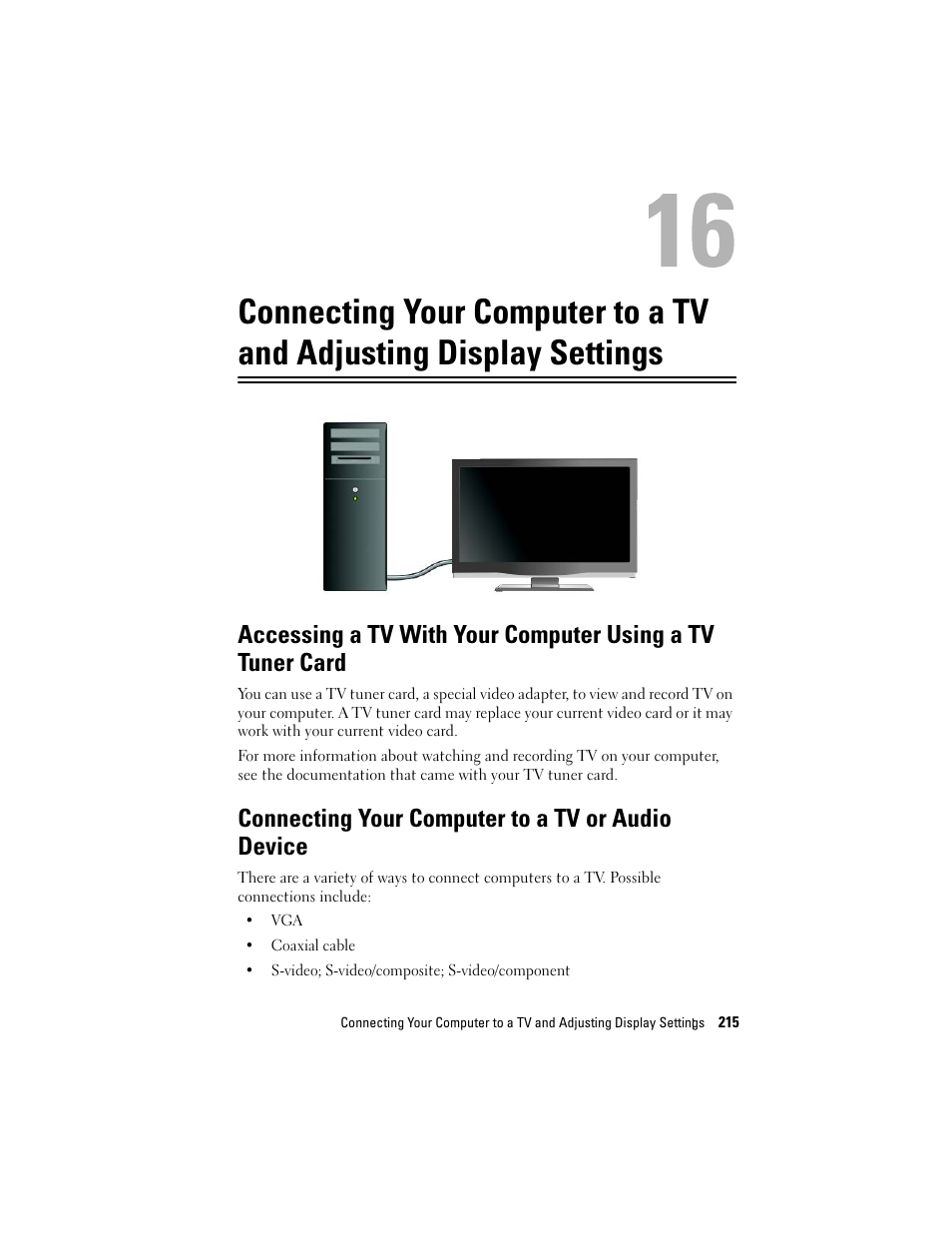 Connecting your computer to a tv or audio device, Connecting your computer to a tv and, Adjusting display settings | Dell Studio 1747 (Late 2009) User Manual | Page 215 / 354