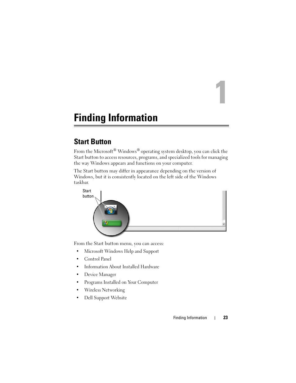 Finding information, Start button | Dell Studio 1747 (Late 2009) User Manual | Page 23 / 354