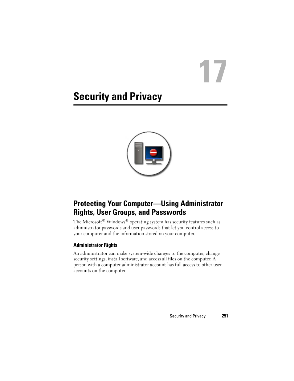 Security and privacy, Administrator rights | Dell Studio 1747 (Late 2009) User Manual | Page 251 / 354