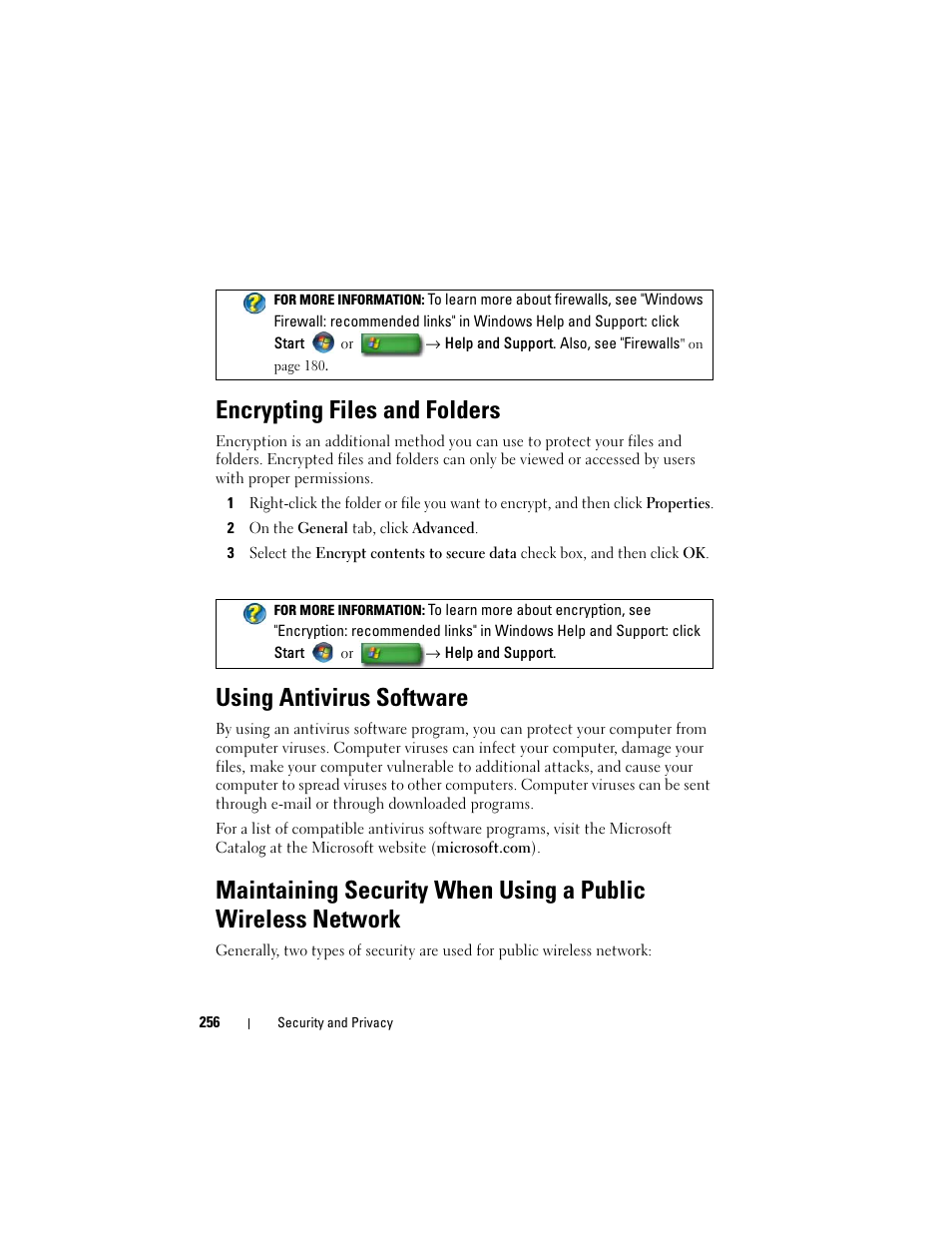 Encrypting files and folders, Using antivirus software | Dell Studio 1747 (Late 2009) User Manual | Page 256 / 354