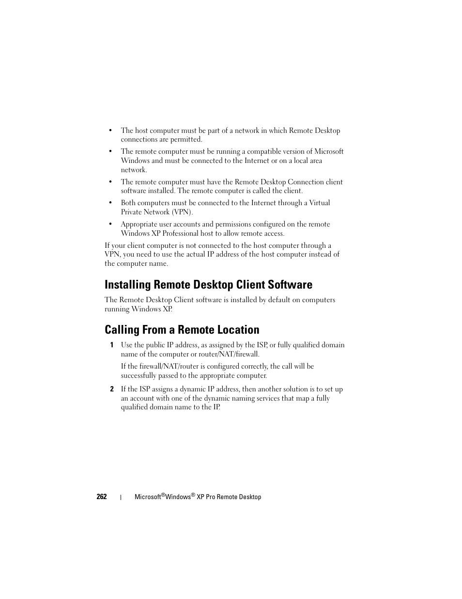 Installing remote desktop client software, Calling from a remote location | Dell Studio 1747 (Late 2009) User Manual | Page 262 / 354
