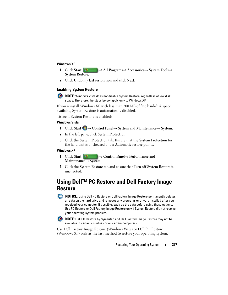 Enabling system restore | Dell Studio 1747 (Late 2009) User Manual | Page 267 / 354
