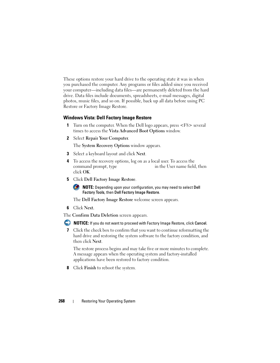 Windows vista: dell factory image restore | Dell Studio 1747 (Late 2009) User Manual | Page 268 / 354