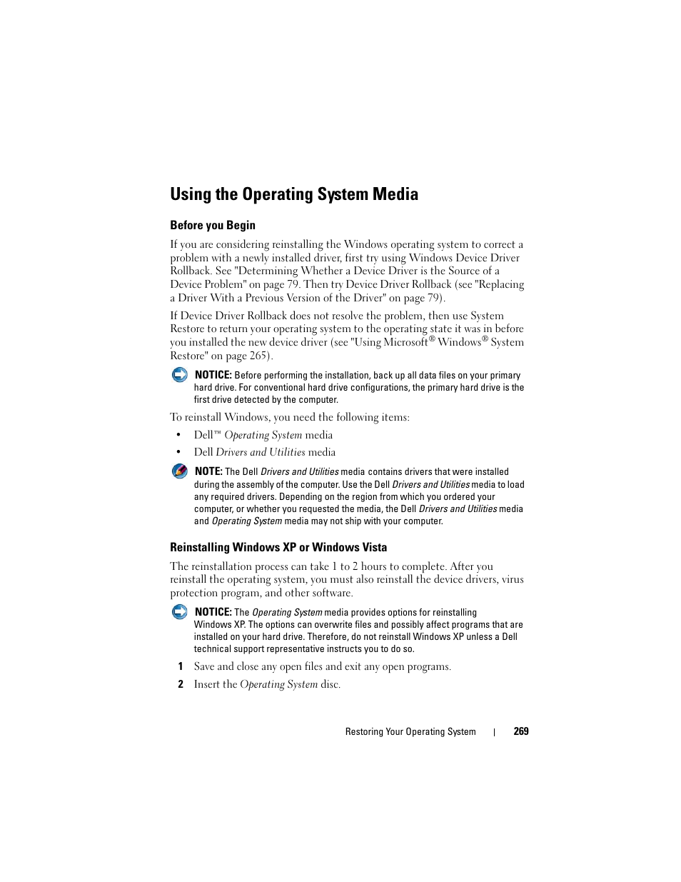 Using the operating system media, Before you begin, Reinstalling windows xp or windows vista | Dell Studio 1747 (Late 2009) User Manual | Page 269 / 354