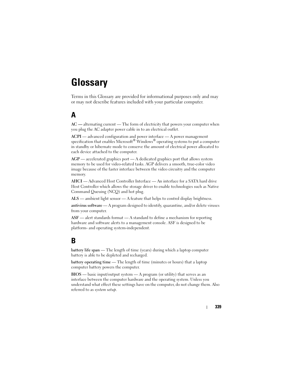 Glossary | Dell Studio 1747 (Late 2009) User Manual | Page 339 / 354