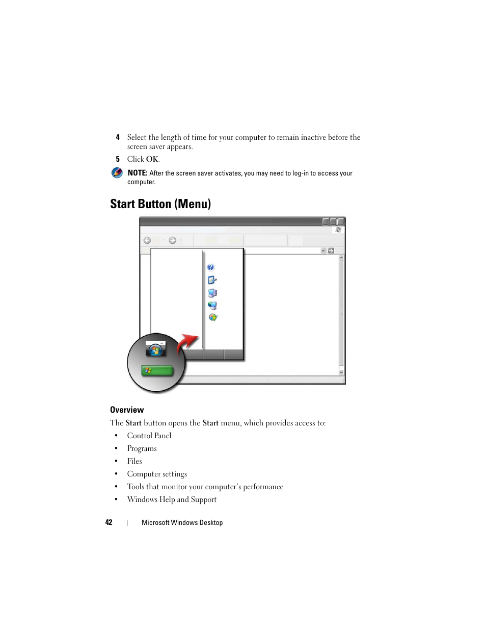 Start button (menu), Overview | Dell Studio 1747 (Late 2009) User Manual | Page 42 / 354