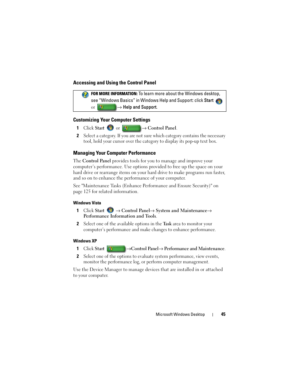 Accessing and using the control panel, Customizing your computer settings, Managing your computer performance | Dell Studio 1747 (Late 2009) User Manual | Page 45 / 354
