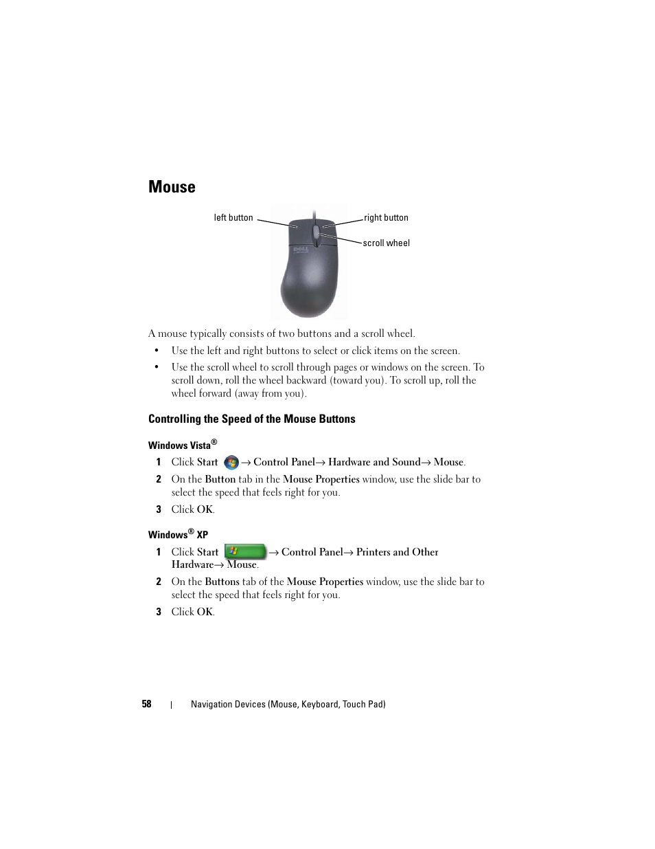 Mouse, Controlling the speed of the mouse buttons | Dell Studio 1747 (Late 2009) User Manual | Page 58 / 354