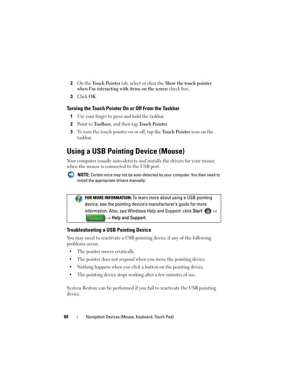 Using a usb pointing device (mouse), Troubleshooting a usb pointing device | Dell Studio 1747 (Late 2009) User Manual | Page 64 / 354