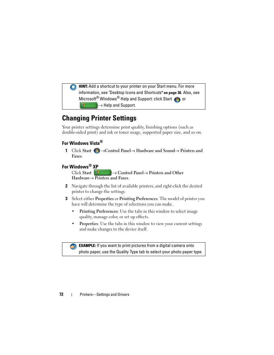 Changing printer settings, For windows vista, For windows® xp | For windows | Dell Studio 1747 (Late 2009) User Manual | Page 72 / 354