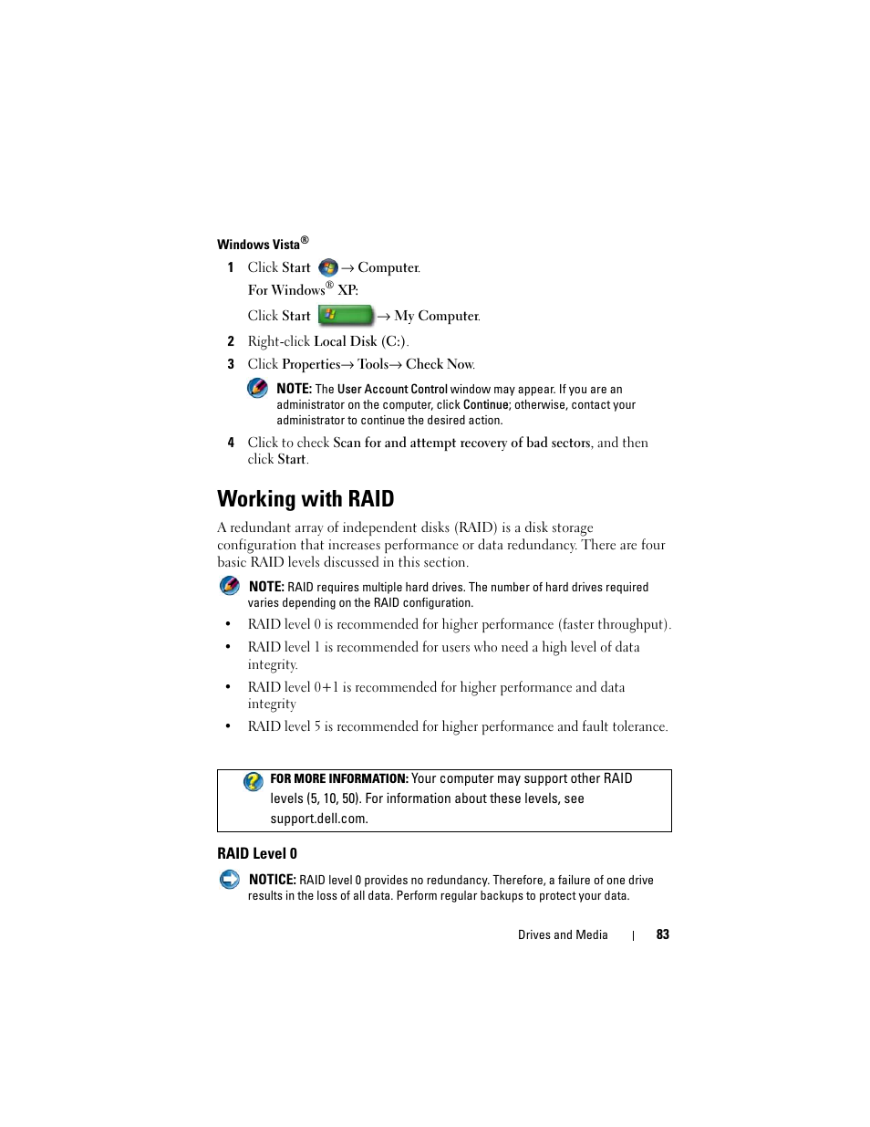 Working with raid, Raid level 0 | Dell Studio 1747 (Late 2009) User Manual | Page 83 / 354