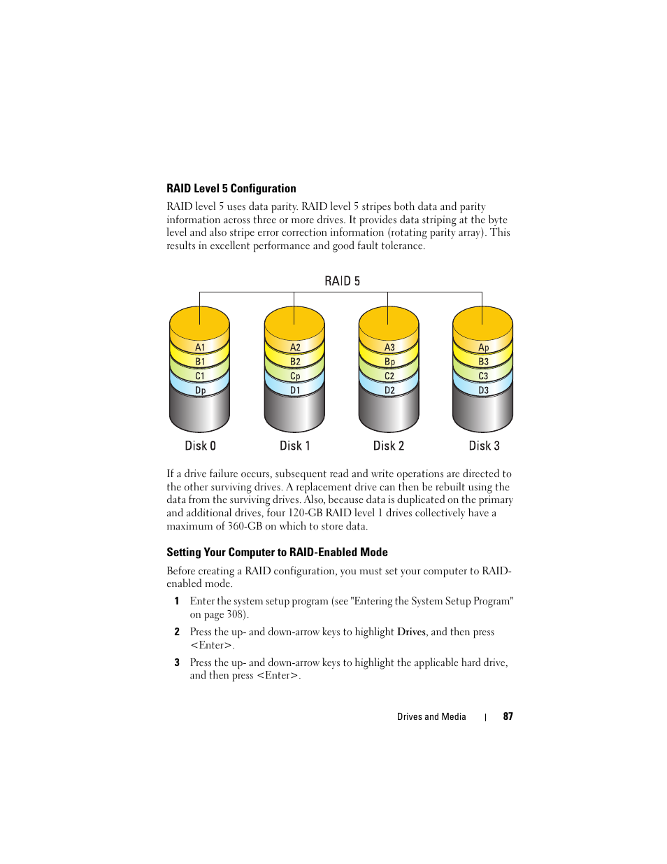 Raid level 5 configuration, Setting your computer to raid-enabled mode | Dell Studio 1747 (Late 2009) User Manual | Page 87 / 354