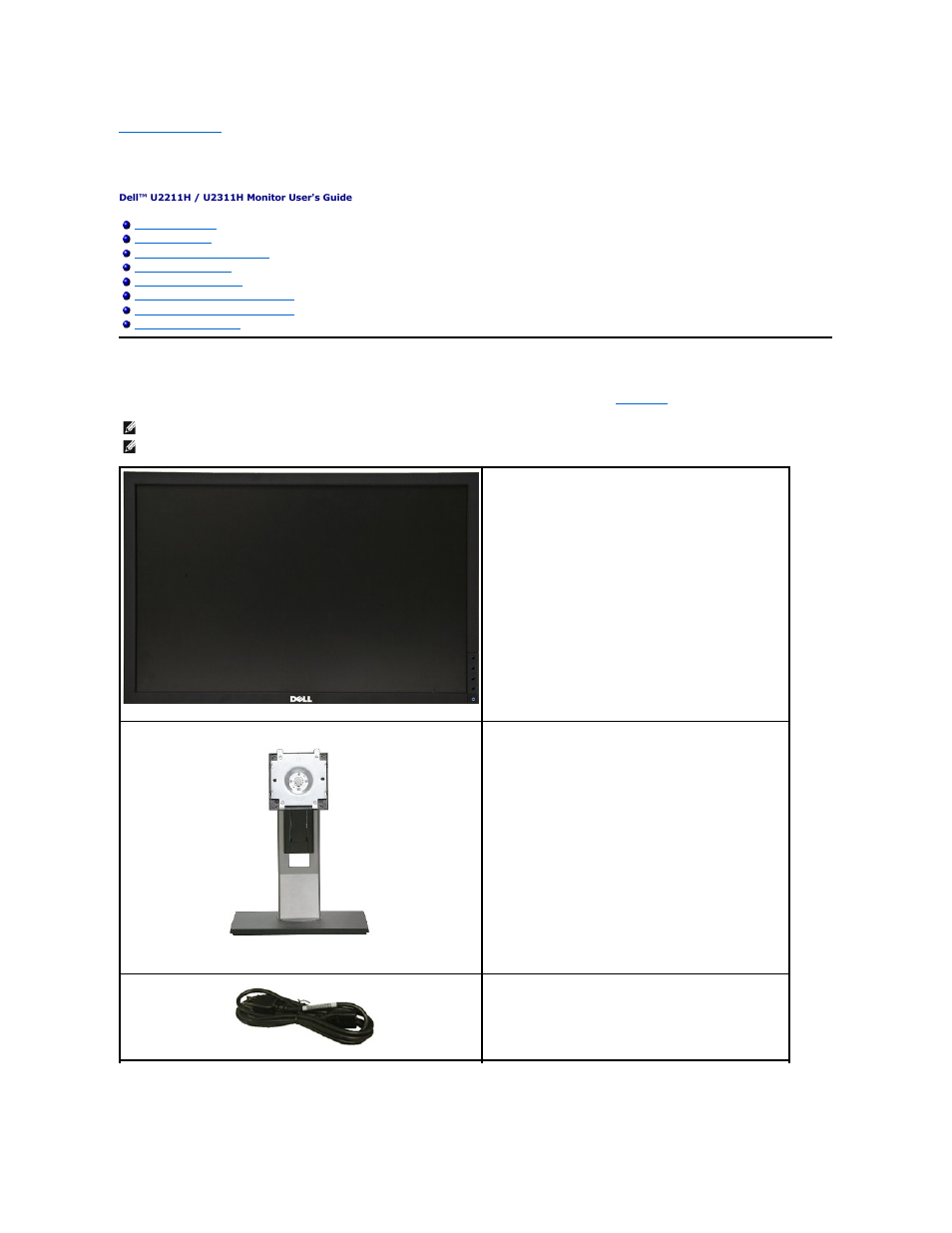 About your monitor, Package contents | Dell U2211H Monitor User Manual | Page 2 / 38
