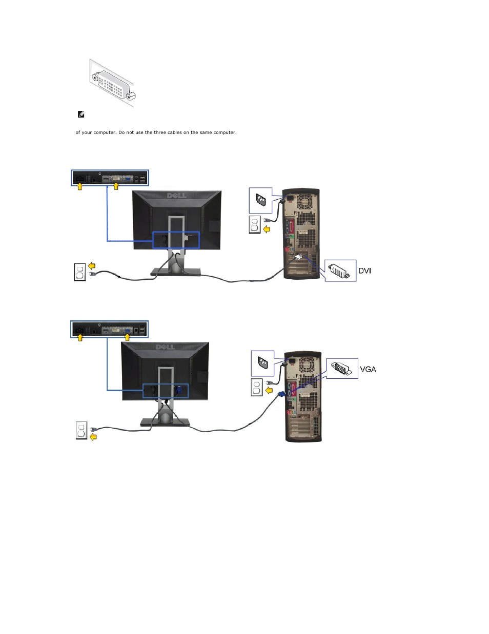 Connecting the white dvi cable, Connecting the blue vga cable, Connecting the black displayport cable | Dell U2211H Monitor User Manual | Page 31 / 38
