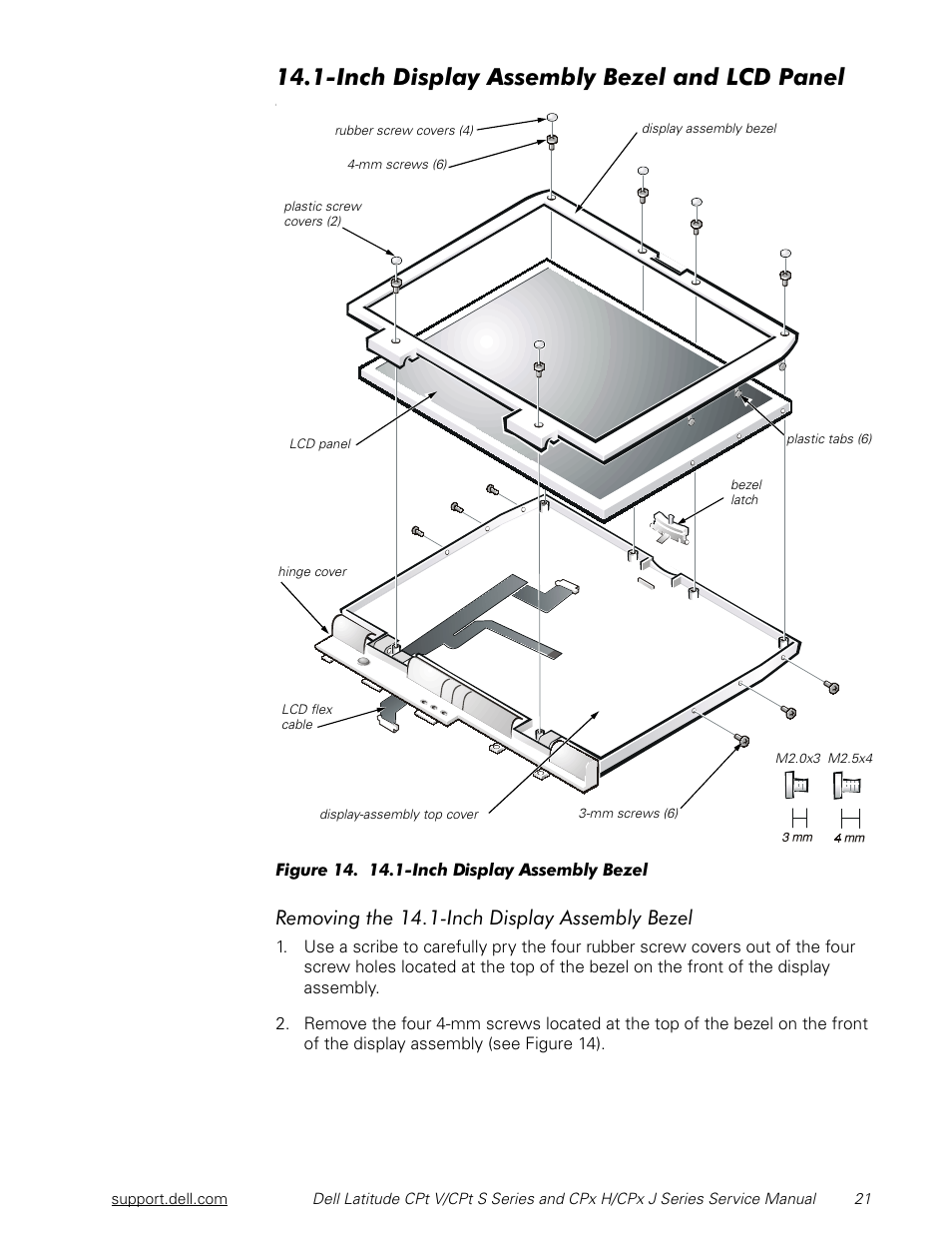 Inch display assembly bezel and lcd panel, Qfk'lvsod\$vvhpeo\%h]hodqg/&'3dqho, 5hprylqjwkh,qfk'lvsod\$vvhpeo\%h]ho | Dell Latitude CPx J User Manual | Page 28 / 48