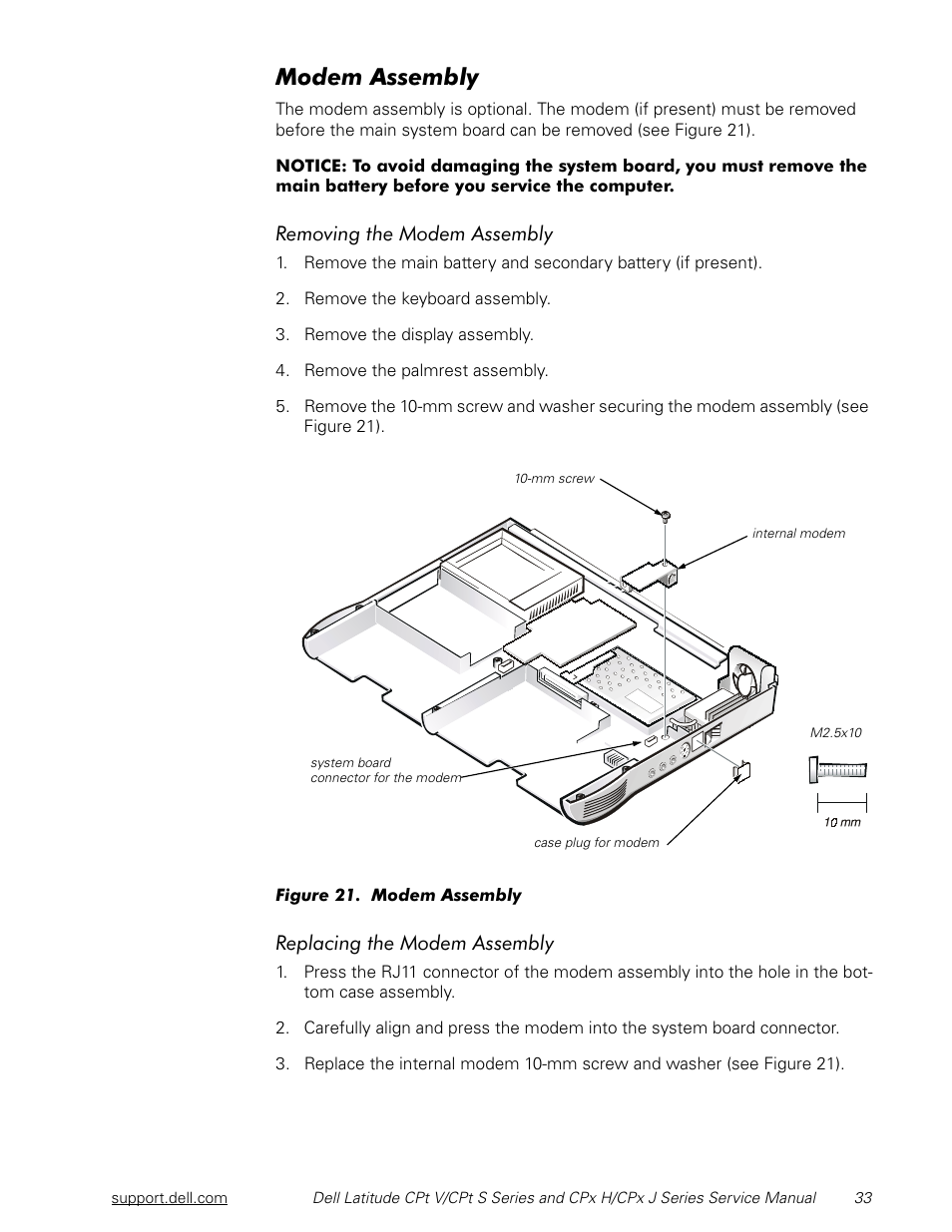 Modem assembly, 0rghp$vvhpeo, 5hprylqjwkh0rghp$vvhpeo | 5hsodflqjwkh0rghp$vvhpeo | Dell Latitude CPx J User Manual | Page 40 / 48