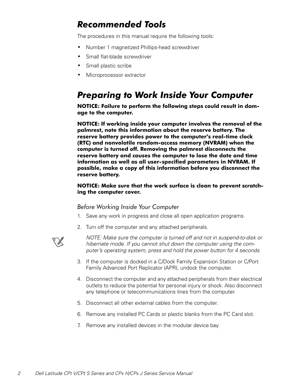 Recommended tools, Preparing to work inside your computer, 5hfrpphqghg7rrov | 3uhsdulqjwr:run,qvlgh<rxu&rpsxwhu | Dell Latitude CPx J User Manual | Page 9 / 48