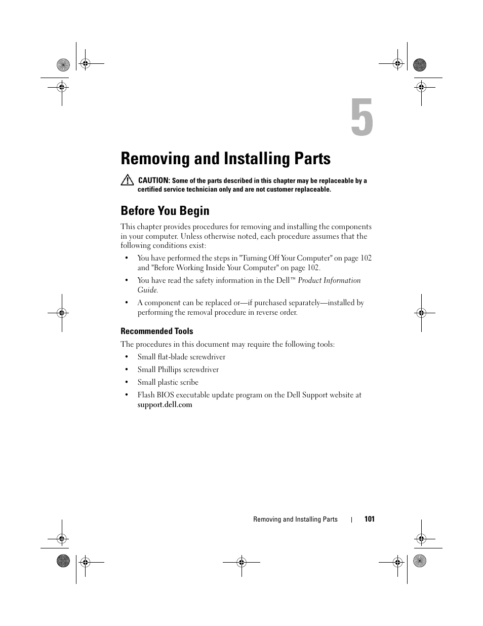 Removing and installing parts, Before you begin, Recommended tools | Dell Vostro 200 (Mid 2007) User Manual | Page 101 / 214