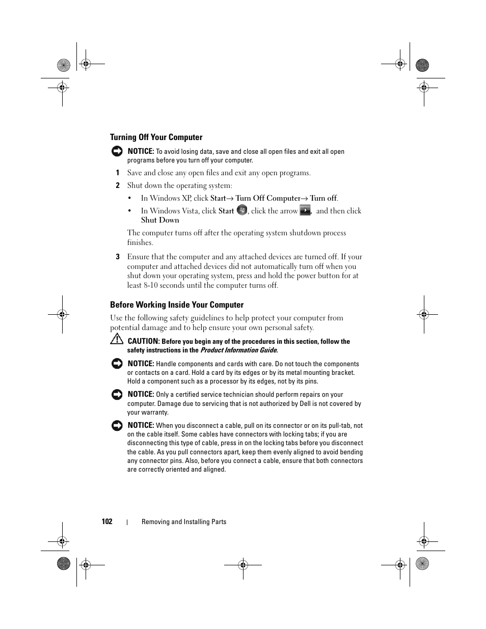 Turning off your computer, Before working inside your computer | Dell Vostro 200 (Mid 2007) User Manual | Page 102 / 214