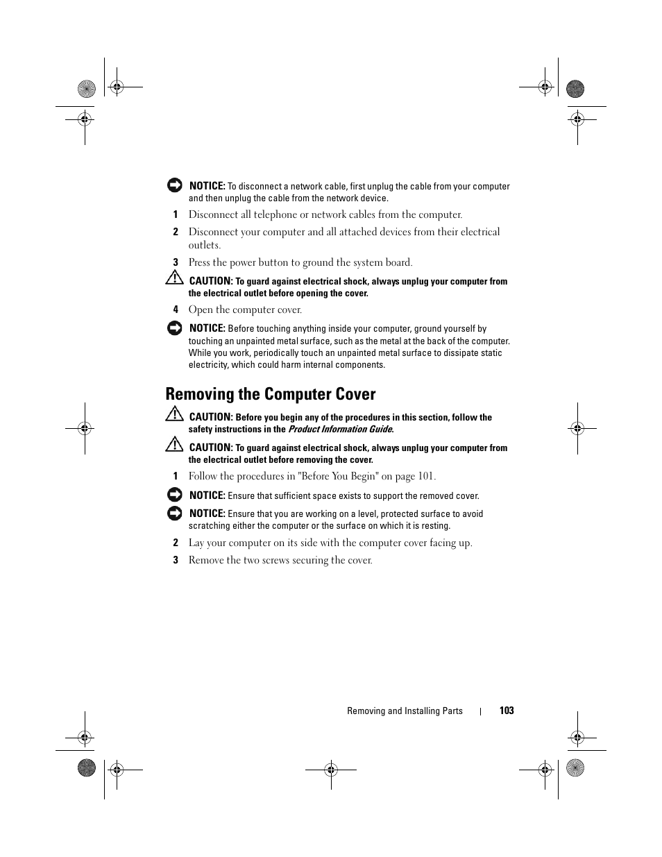 Removing the computer cover | Dell Vostro 200 (Mid 2007) User Manual | Page 103 / 214