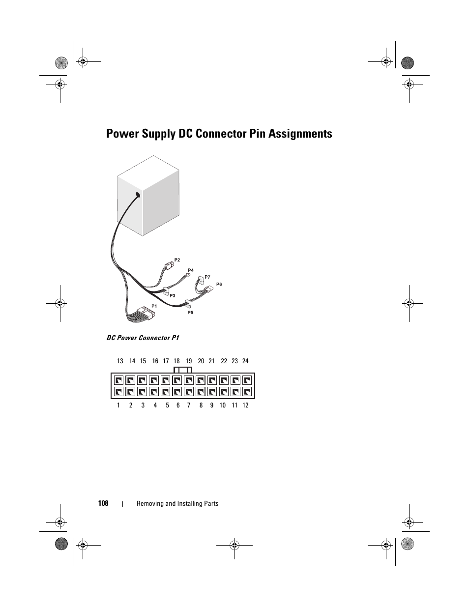 Power supply dc connector pin assignments | Dell Vostro 200 (Mid 2007) User Manual | Page 108 / 214