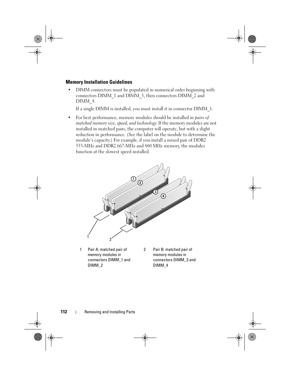 Memory installation guidelines | Dell Vostro 200 (Mid 2007) User Manual | Page 112 / 214