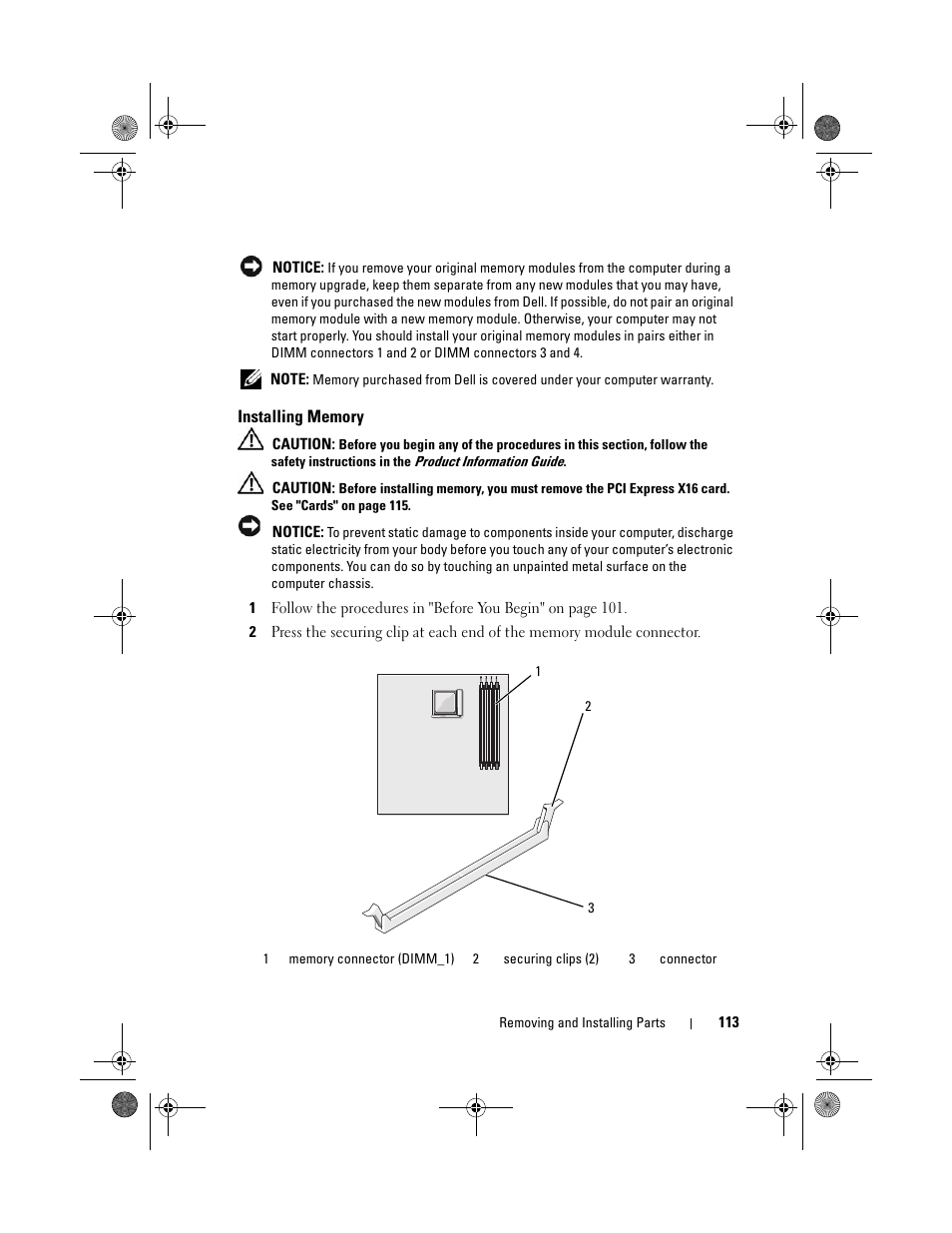 Installing memory, Installation guidelines (see "installing | Dell Vostro 200 (Mid 2007) User Manual | Page 113 / 214