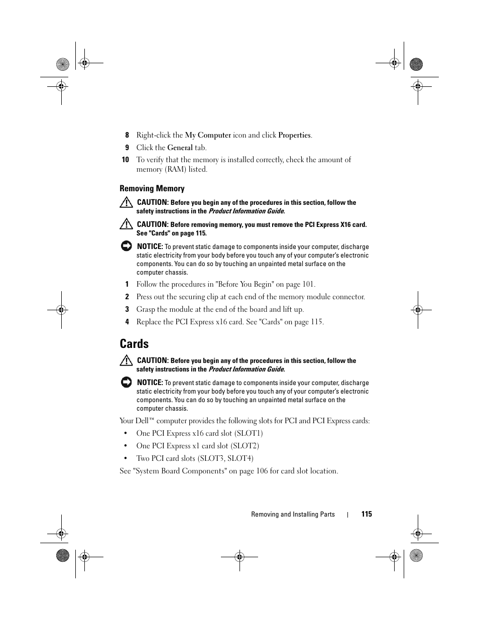 Removing memory, Cards | Dell Vostro 200 (Mid 2007) User Manual | Page 115 / 214