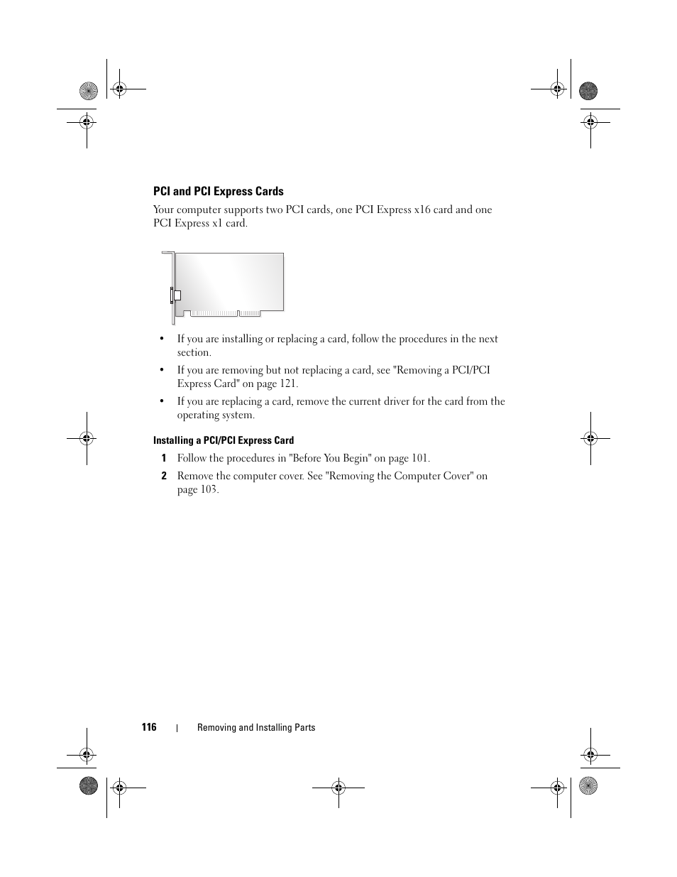 Pci and pci express cards | Dell Vostro 200 (Mid 2007) User Manual | Page 116 / 214