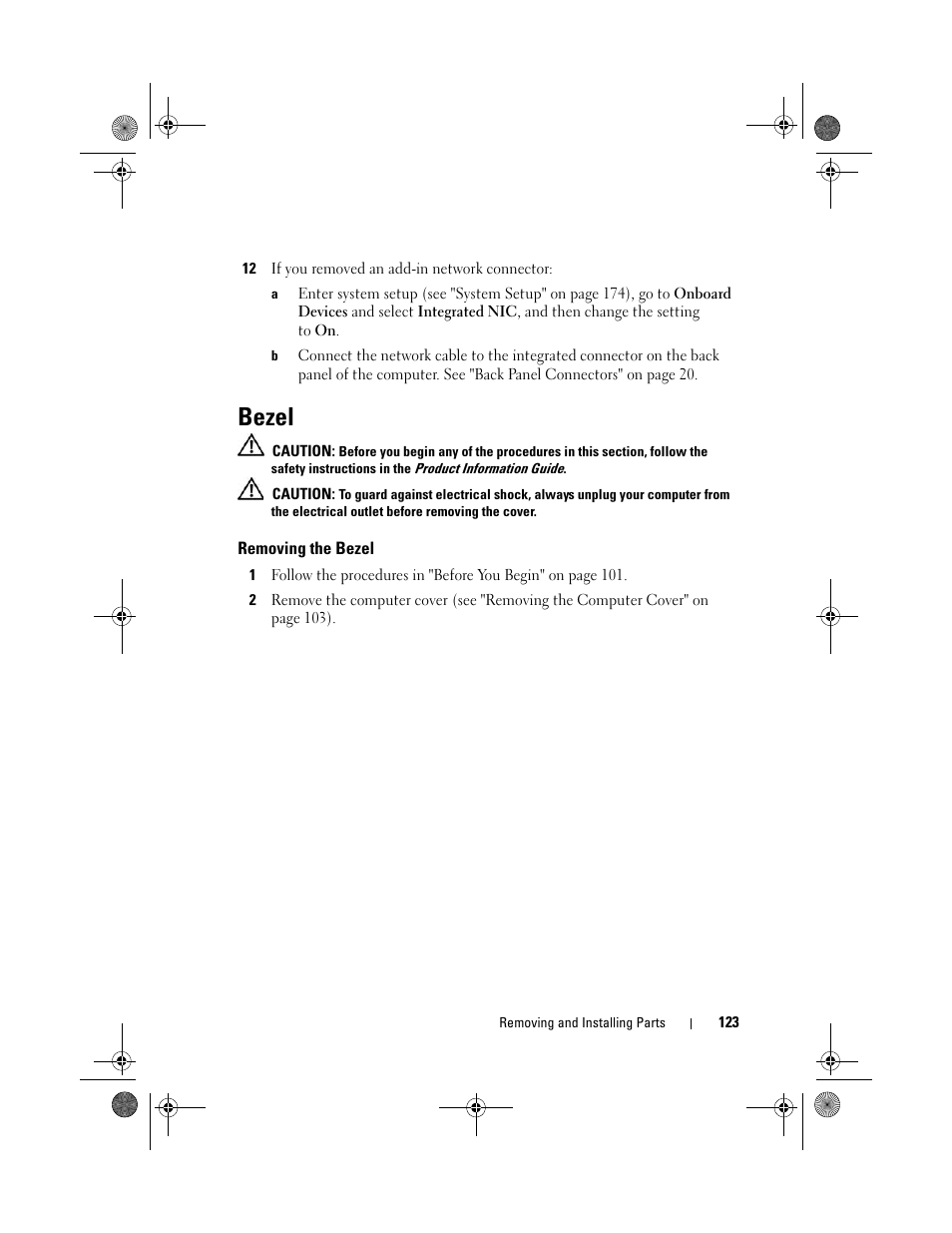 Bezel, Removing the bezel | Dell Vostro 200 (Mid 2007) User Manual | Page 123 / 214