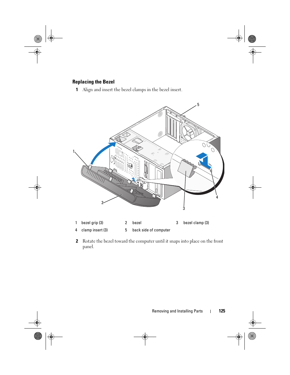 Replacing the bezel | Dell Vostro 200 (Mid 2007) User Manual | Page 125 / 214