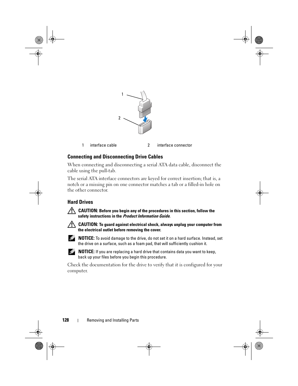 Connecting and disconnecting drive cables, Hard drives | Dell Vostro 200 (Mid 2007) User Manual | Page 128 / 214