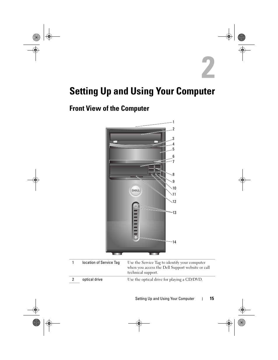 Setting up and using your computer, Front view of the computer | Dell Vostro 200 (Mid 2007) User Manual | Page 15 / 214