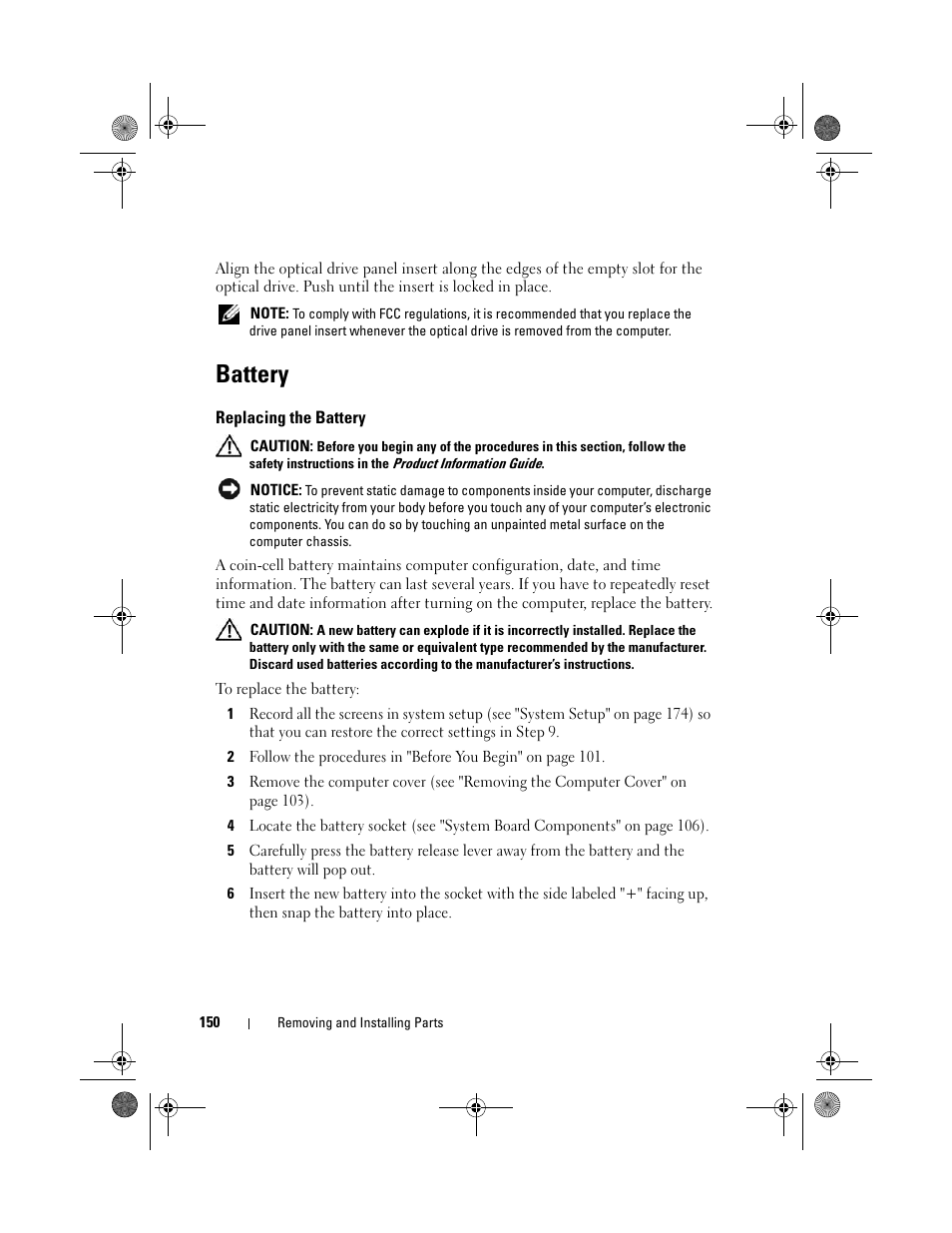 Battery, Replacing the battery | Dell Vostro 200 (Mid 2007) User Manual | Page 150 / 214