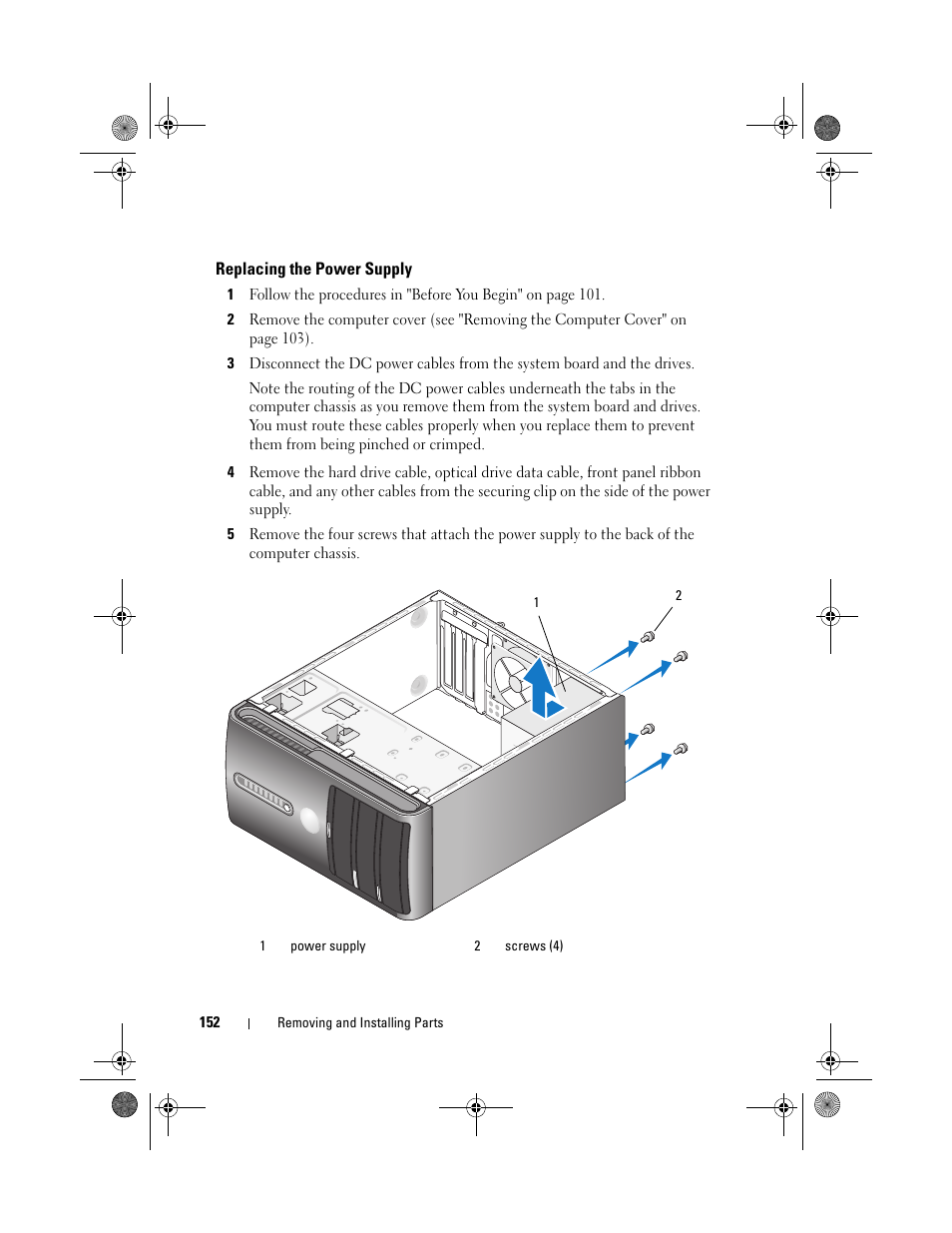 Replacing the power supply | Dell Vostro 200 (Mid 2007) User Manual | Page 152 / 214