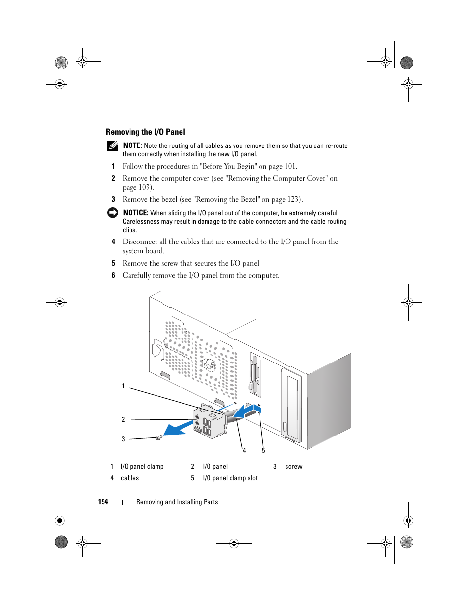 Removing the i/o panel | Dell Vostro 200 (Mid 2007) User Manual | Page 154 / 214