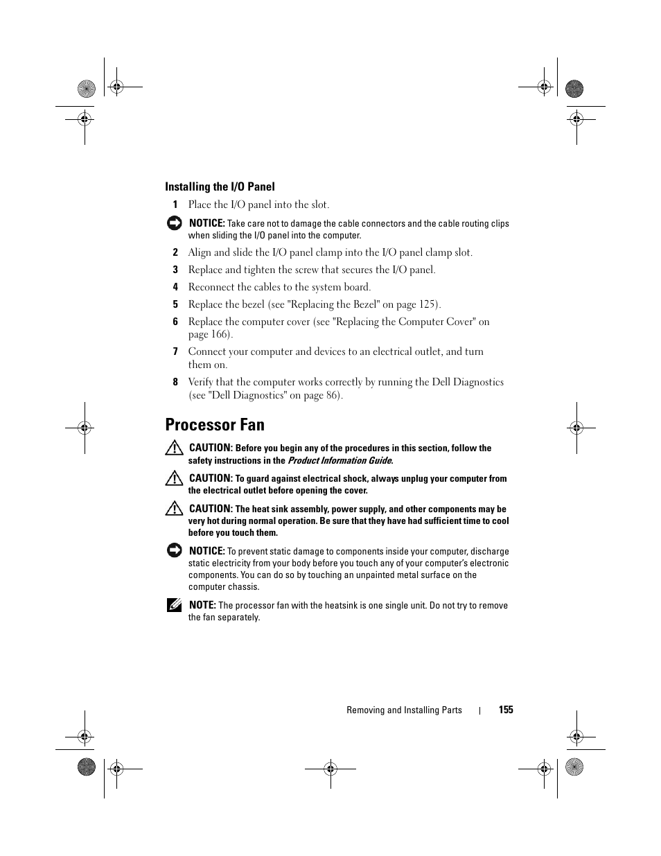 Installing the i/o panel, Processor fan | Dell Vostro 200 (Mid 2007) User Manual | Page 155 / 214