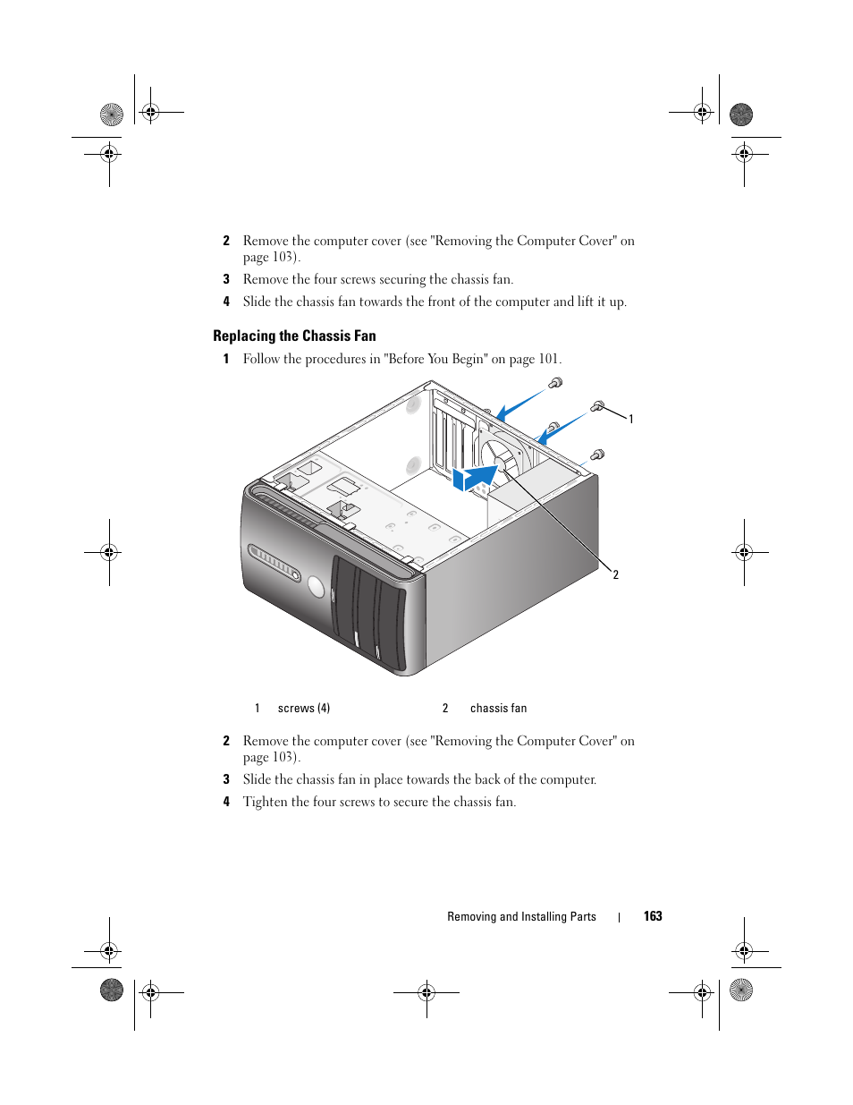 Replacing the chassis fan | Dell Vostro 200 (Mid 2007) User Manual | Page 163 / 214