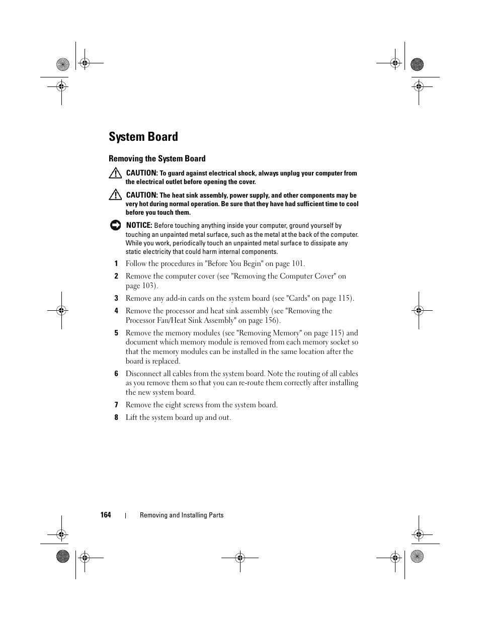 System board, Removing the system board | Dell Vostro 200 (Mid 2007) User Manual | Page 164 / 214