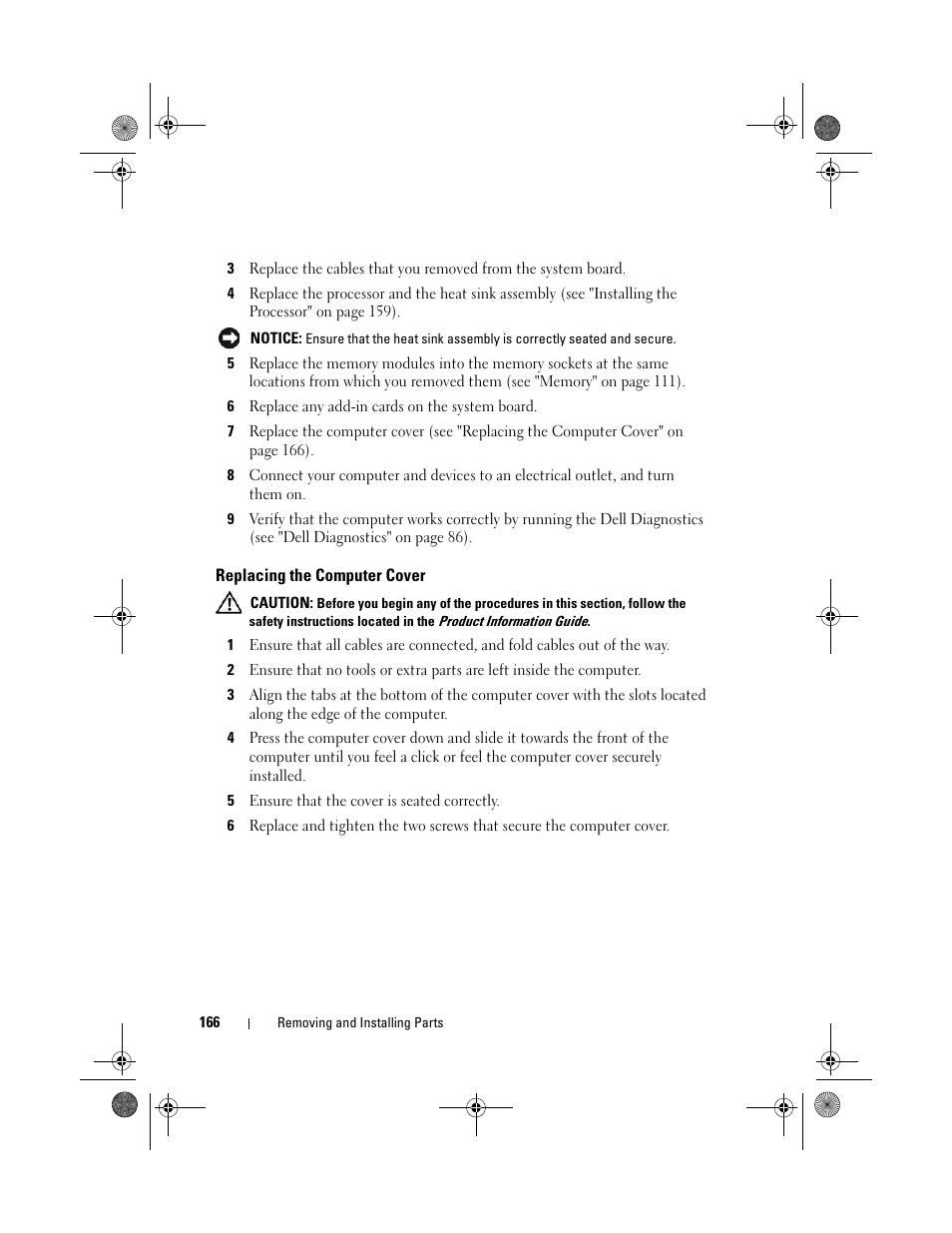 Replacing the computer cover | Dell Vostro 200 (Mid 2007) User Manual | Page 166 / 214