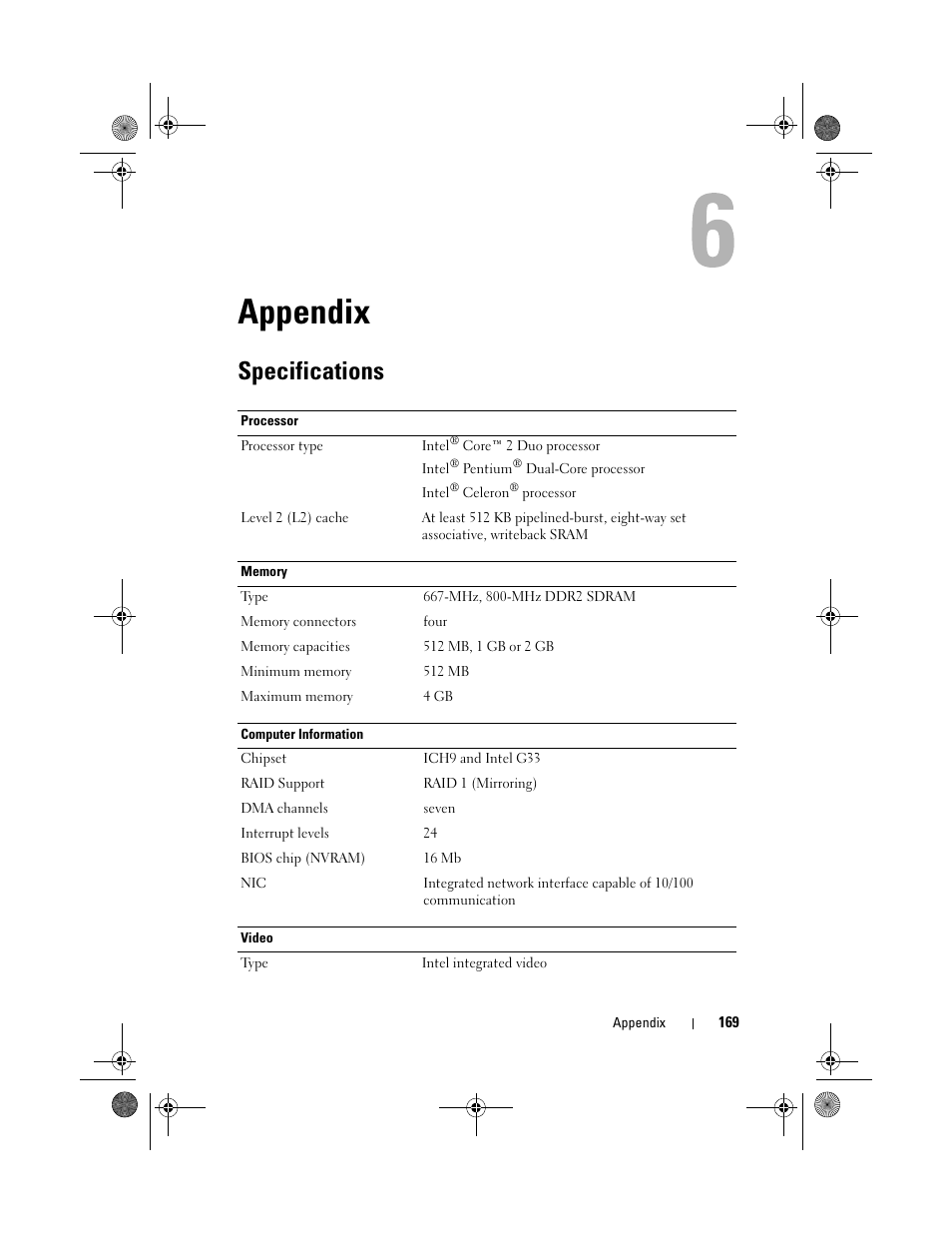 Appendix, Specifications | Dell Vostro 200 (Mid 2007) User Manual | Page 169 / 214