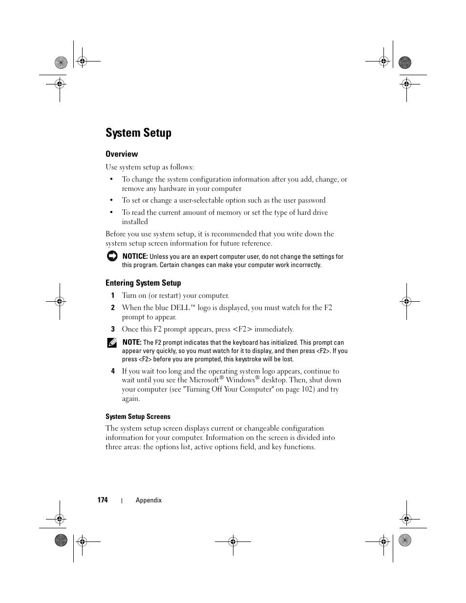 System setup, Overview, Entering system setup | Nfiguration changes (see "entering, Tup (see "entering system setup" on | Dell Vostro 200 (Mid 2007) User Manual | Page 174 / 214