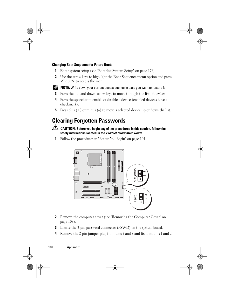 Clearing forgotten passwords | Dell Vostro 200 (Mid 2007) User Manual | Page 180 / 214