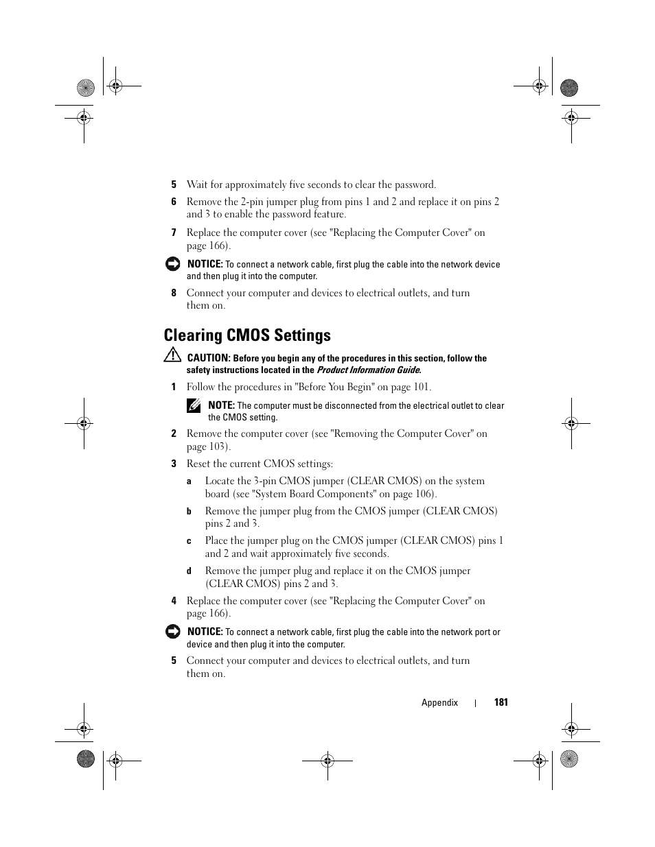 Clearing cmos settings | Dell Vostro 200 (Mid 2007) User Manual | Page 181 / 214