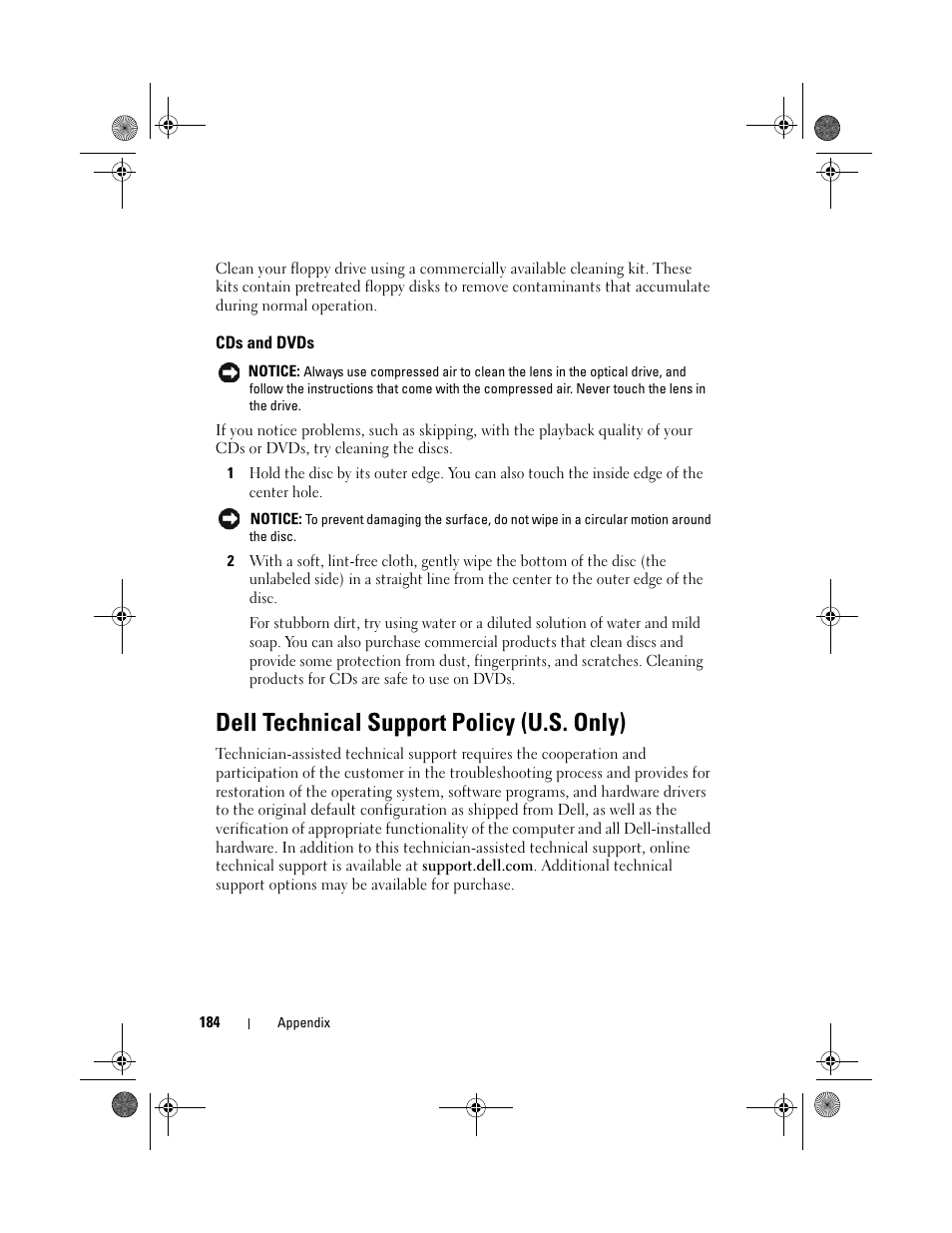 Cds and dvds, Dell technical support policy (u.s. only) | Dell Vostro 200 (Mid 2007) User Manual | Page 184 / 214