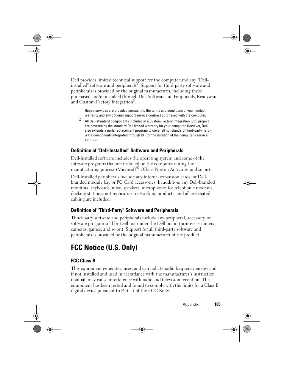 Fcc notice (u.s. only), Fcc class b | Dell Vostro 200 (Mid 2007) User Manual | Page 185 / 214