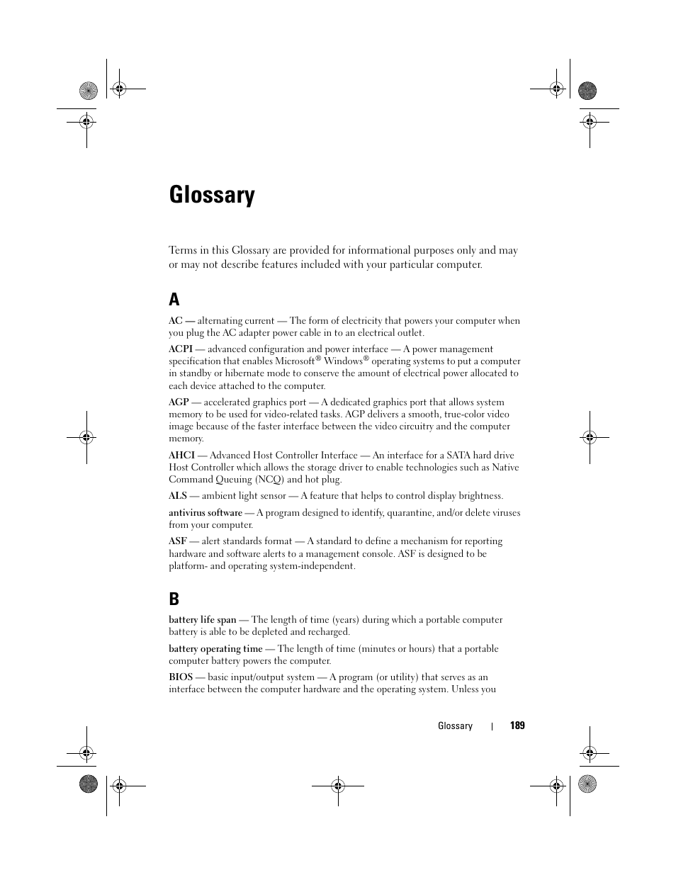 Glossary | Dell Vostro 200 (Mid 2007) User Manual | Page 189 / 214